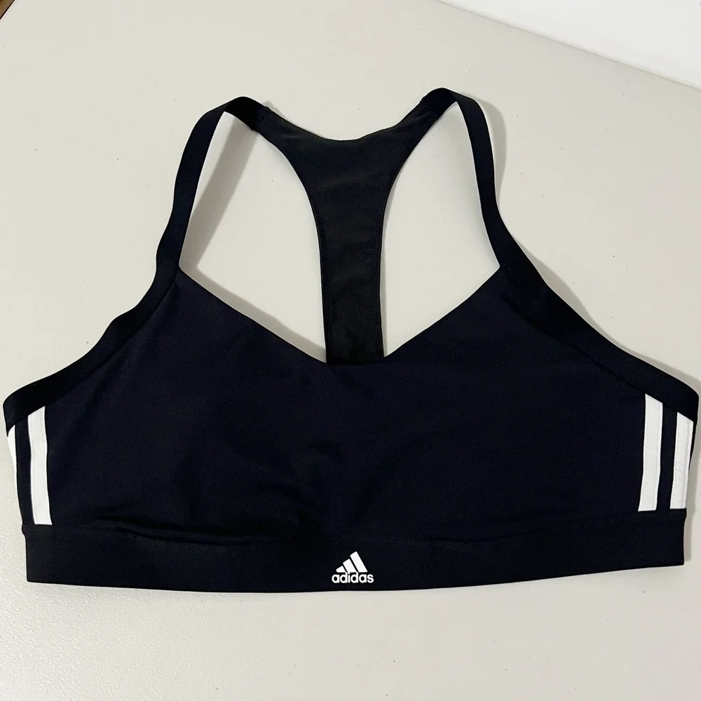 Adidas Womens XL Black White 3-Stripe Racerback V-Neck Medium Support Sports Bra